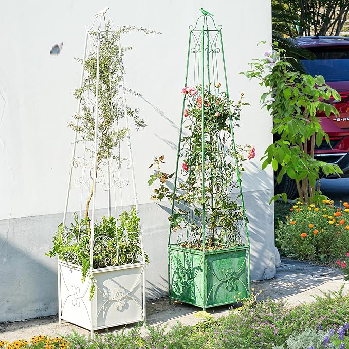 Sungmor Garden Obelisk Trellis with Planter Box - 5ft Metal Climbing Plant Support Tower with Bird Finial - Decorative Outdoor Wrought Iron Trellis for Roses, Clematis, Vines, Ivy - Distressed White