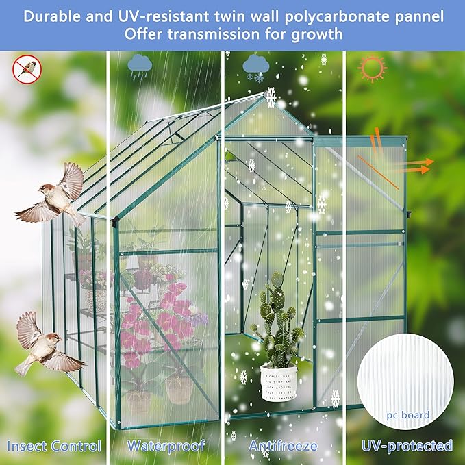 6X10 FT All Season Heavy Duty Walk-in Greenhouses, Outdoor Polycarbonate Plants Green House for Backyard Garden, Sliding Door Raised Base Anchor Aluminum, Green