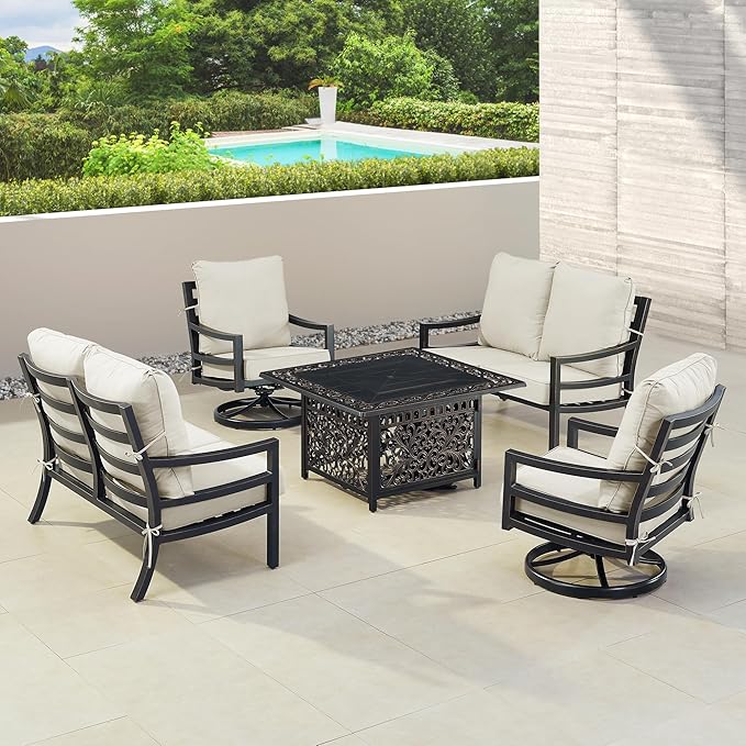 Oakland Living Black Aluminum Patio Fire Table Set with Two Deep Seating Loveseat with Cushions and Two Club Chairs with Light Grey Cushions