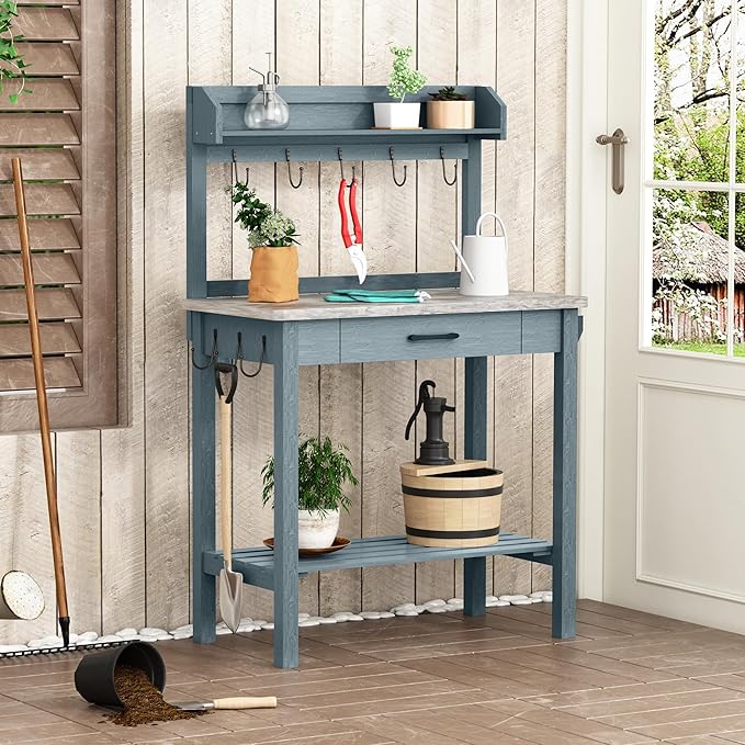 Outdoor Potting Bench Table with Metal Tabletop, Planting Table Potting Work Station with Storage Drawer and Removable Shelf Rack, Garden Potting Table for Outdoors