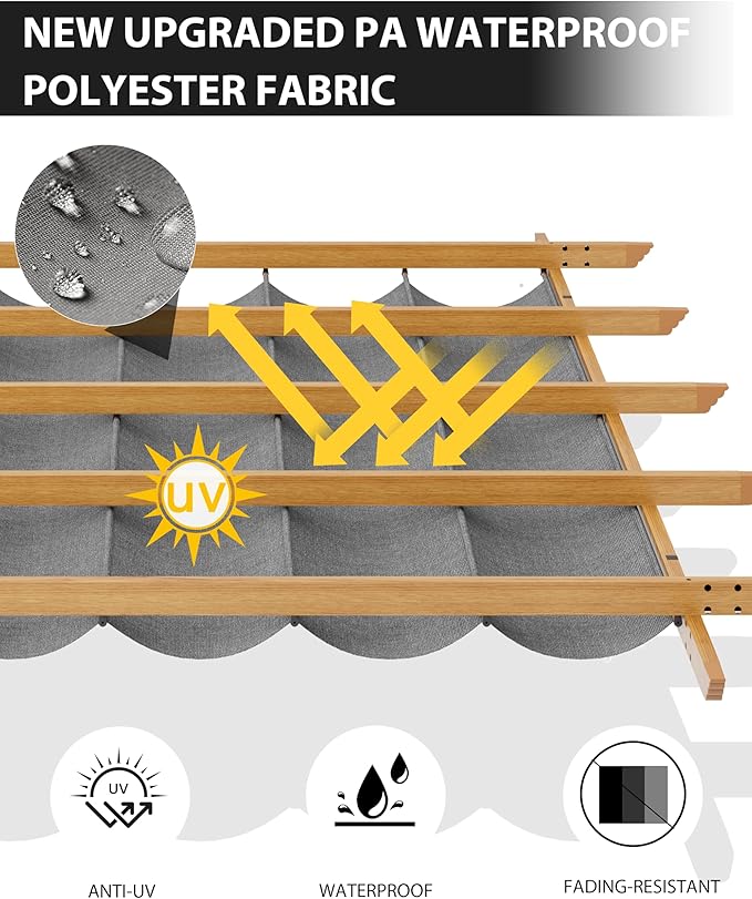 10x13 Ft Outdoor Retractable Pergola with Adjustable Roof Modern Metal Patio Gazebo, Upgraded Faux Wood Grain Aluminum Pergola for Deck, Backyard Gardens, Porches, Grapevines, Grey