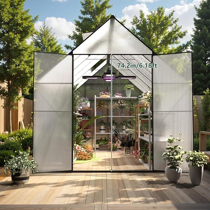 8x12 FT Green House for Outside, Greenhouse for Outdoor, Backyard Green House, Walk-in Garden Greenhouse, Heavy Duty Polycarbonate Greenhouses