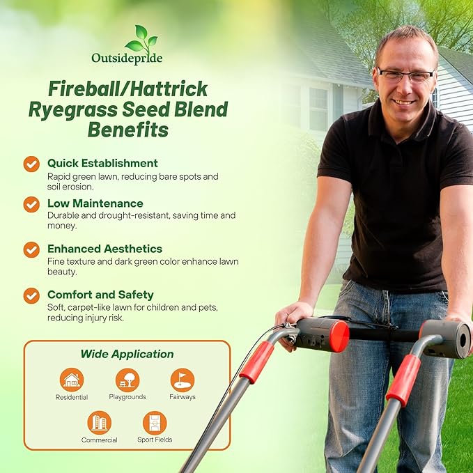 Outsidepride Fireball & Hattrick Rye Grass Seed Blend - 5 Lbs. Wear Tolerant, Fine Leaf Texture Perennial Rye Grass Seeds for Lawn, Sports Turf & More, OptiGrowth Coated for Better Establishment