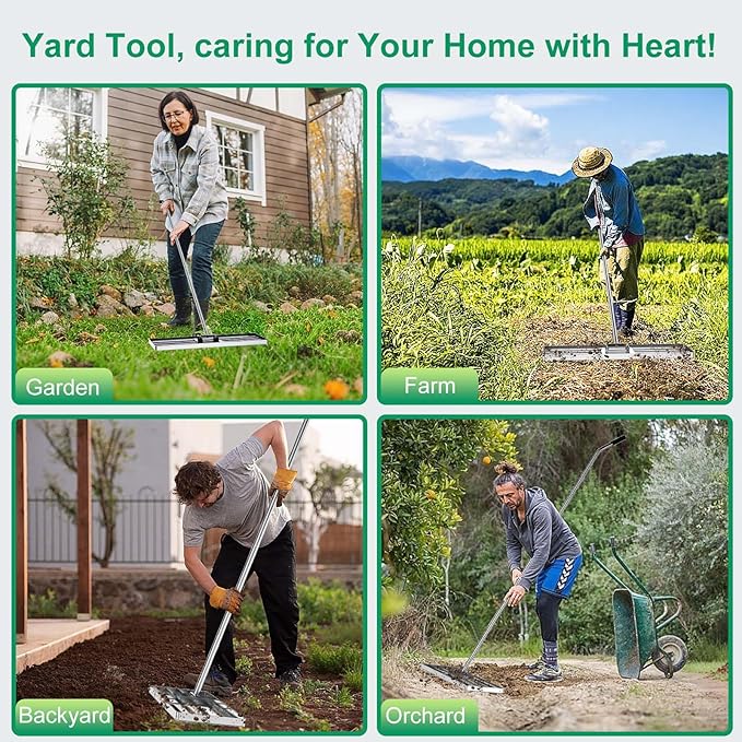 Lawn Leveling Rake 30 inch x 10 inch, Lawn Leveler Tool with 6.5ft Handle Rakes, 304Stainless Steel Yard Leveling Rake, Heavy Duty Soil Leveling Rakes for Backyard, Garden, Farm, Pasture