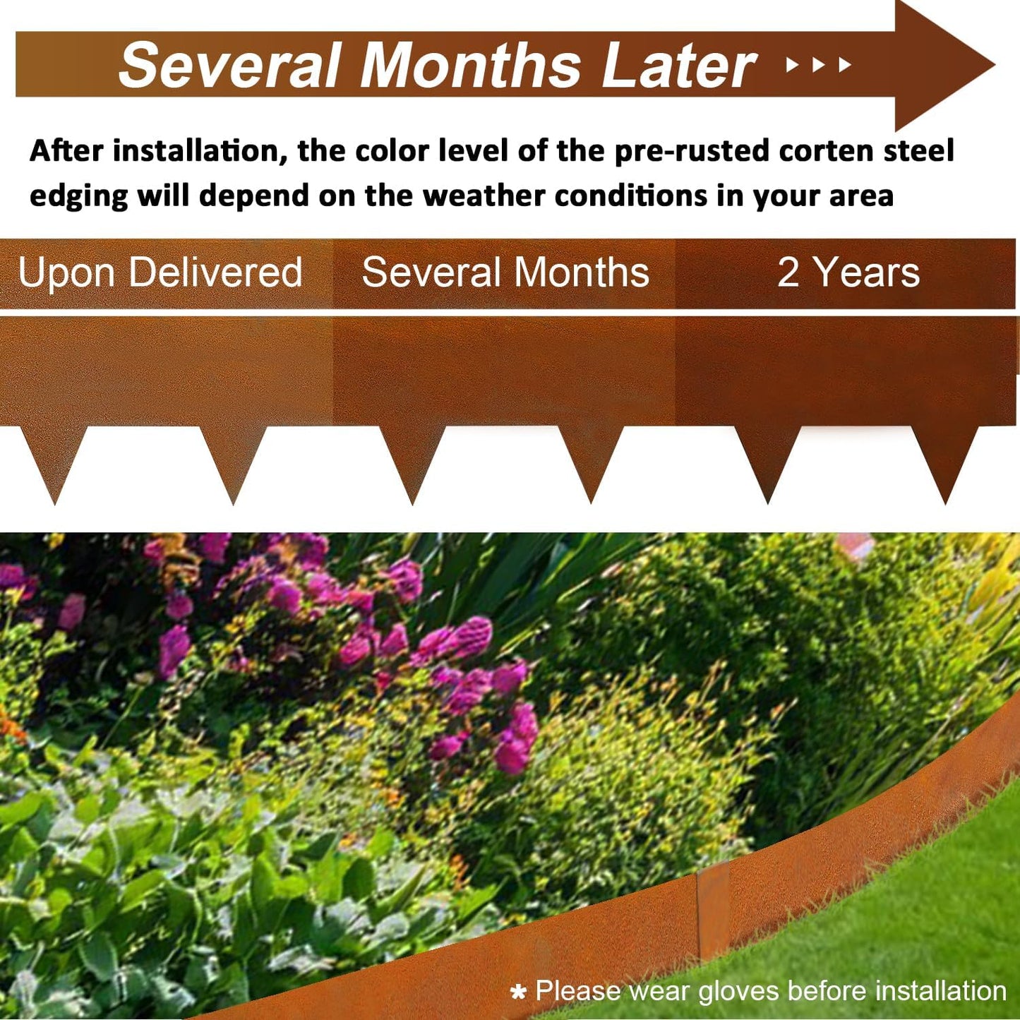 Hugeleaf 10 Pack 6.5 Inch Corten Steel Landscape Edging with 11 Pcs Metal Clips, Hammer-in Heavy Duty Metal Edging Pack of 10 (33 Feet Total Length) -Edge for Lawn Garden Yard, Above Ground 4.1 Inch