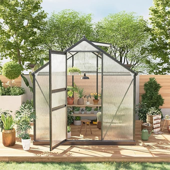 6x6FT Greenhouses for Outdoors, Heavy Duty Polycarbonate Green House with Quick Setup Structure, Roof Vent, Push-Pull Lockable Door, Walk-in Aluminum Green House for Garden Backyard, Patio, Lawn