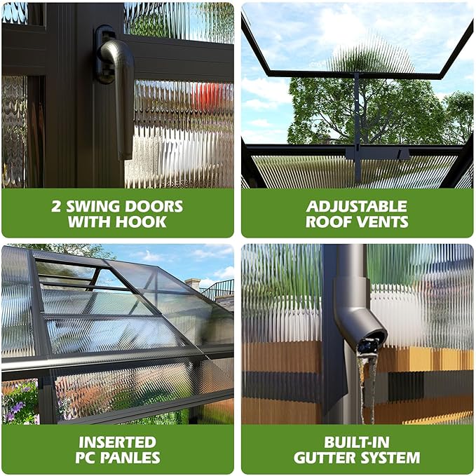 AMERLIFE 10x14x8.4 FT Polycarbonate Greenhouse, Heavy-Duty Aluminum Frame Outdoor Greenhouse with 4 Roof Vents & Rain Gutters for Backyard Garden, Black