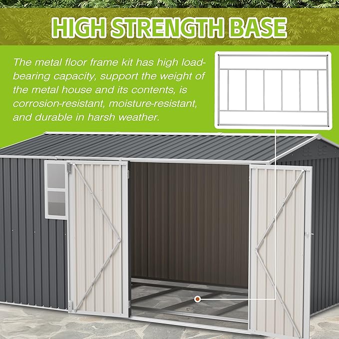 8x12 FT Large Metal Outdoor Storage Shed with Transparent Window, Outdoor Shed w/Floor Fram and Lockable Door, Tool Storage Cabinet for Backyard Garden Patio Lawn, Gray