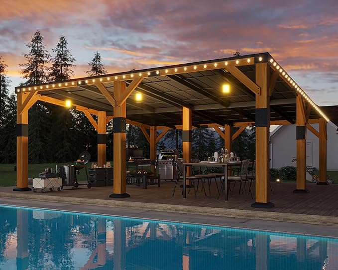 Jocisland 20x20x9.2 FT Cedar Wood Carport with Sloped Galvanized Steel Roof, Heavy Duty Outdoor Shelter for 2 Cars, Trucks, Boats & Tractors, Wind & Snow Resistant Pitch Roof Design