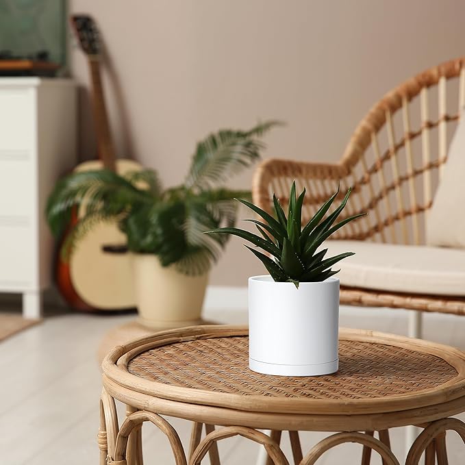 D'vine Dev 4 Pack 5 Inch Modern Plastic Plant Pots, Small Garden Planters for Plant with Drainage Holes and Saucers, White Color, 74-Z-G-2