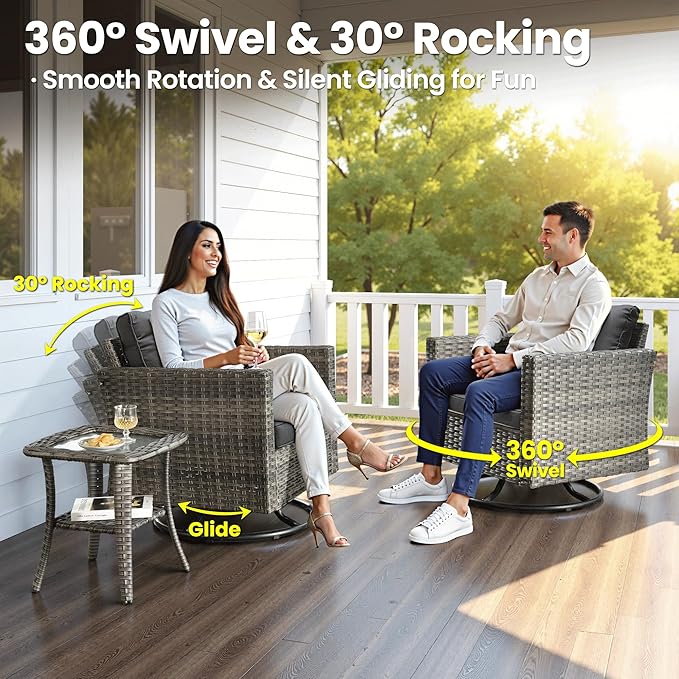 ovios 10 Pieces Patio Furniture Set with Swivel Chairs Rocking Gliders, 54" Fire Pit Table, Outdoor Sofa Couch with Solar Lights Table, Modern Deep Seat Wicker Rattan Conversation Set, Black