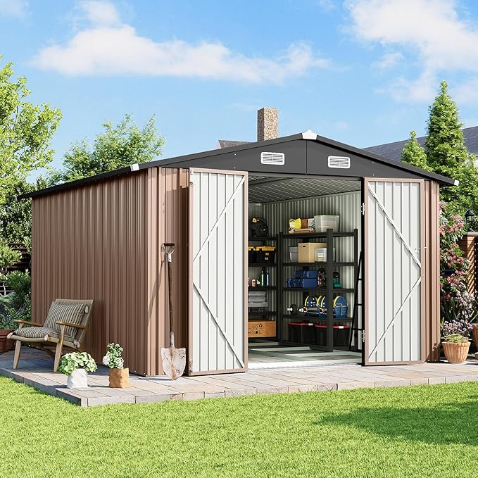 10x12 FT Outdoor Storage Shed with Base & Lockable Double Doors, Heavy-Duty Galvanized Steel Outdoor Metal Shed for Bike, Tool, Generator Storage in Backyard, Patio (10’x12’, Base)