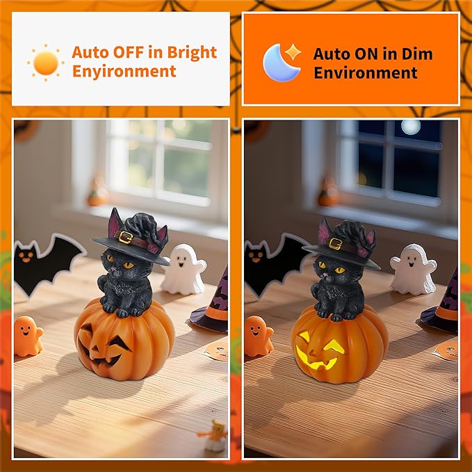 Halloween Cat Decorations in Pumpkin: 6.1'' Indoor Ornament with Witch Hat for Home Office Fireplace Party Ideal Gift for Cat Lovers (Male)