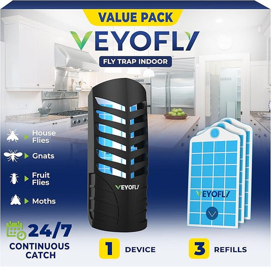 VEYOFLY Fruit Fly Traps for Indoors, Fly Trap Indoor, (1 Device + 3 Refills) Fly Catcher Indoor, Gnat Traps for House Indoor, Fly Trap, Plug in Light Flying Insect Trap, Bug Killer