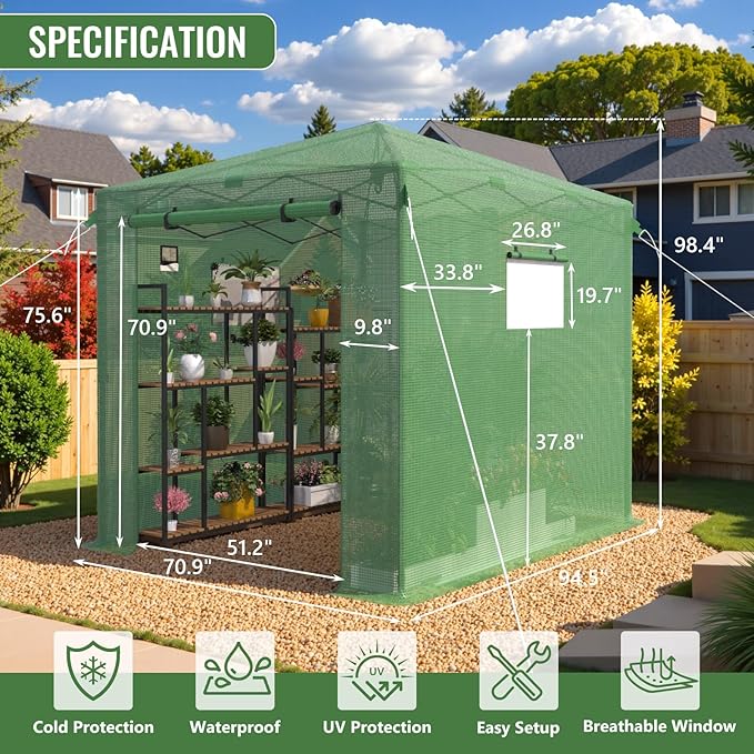 8X6 FT Pop Up Greenhouse,Greenhouse for Outdoors, Portable Walk-in Greenhouses with Roll-Up Zipper Door, PE Cover Greenhouses for Garden and Backyard, Easy Setup