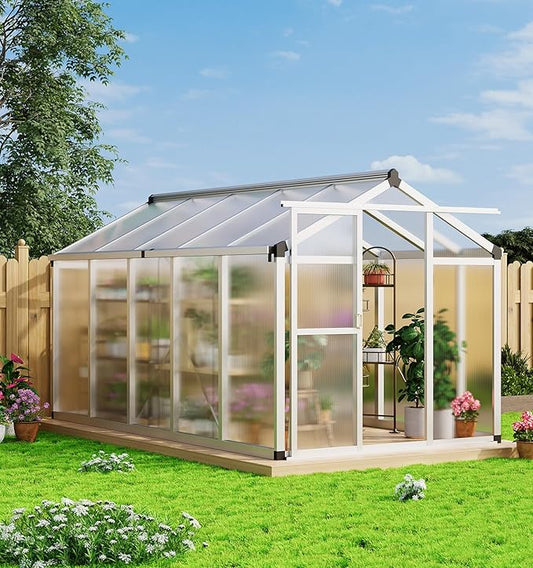 Garvee 6x10 FT Greenhouse - Aluminum Greenhouses for Outdoors, Large Polycarbonate Greenhouse with Roof Vent, Heavy Duty Walk-in Green Houses for Outside Garden, Backyard, Patio, Lawn, Easy Assembly