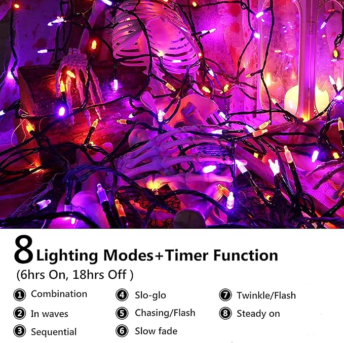 Joomer Orange Purple Halloween Lights - Battery Operated 33ft 100 LED String Lights, Waterproof Outdoor Indoor with 8 Modes Timer for Party, Garden, Halloween Decor