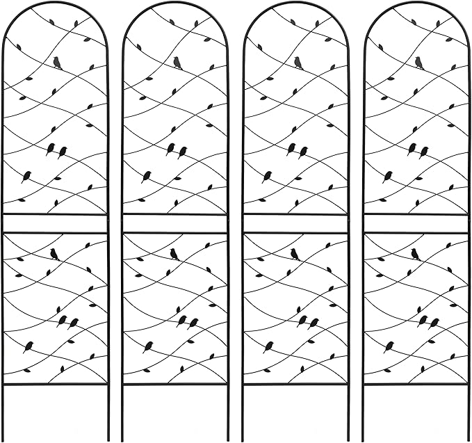 4 Pack Metal Garden Trellis 86.7" Tall Outdoor Climbing Plant Support for Roses, Flowers, Rustproof Durable Black Galvanized Tube, Lawn Garden Fence Decor Screen (4, Black birds-86.7" H)