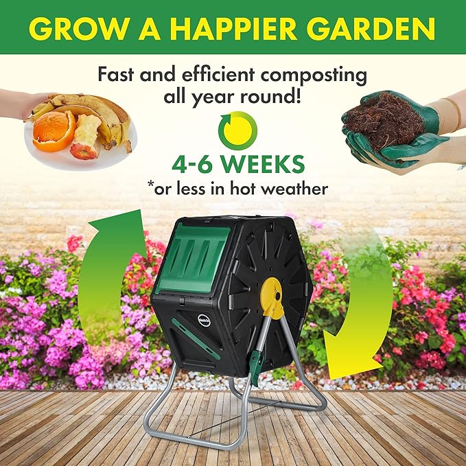 Miracle-Gro Compost Tumbler Single Chamber – Easy-Turn Composter Tumbler Outdoor for Fast Composting – Heavy-Duty Composting Bin with 1 Sliding Door (18.5 Gallon / 70 Liter)