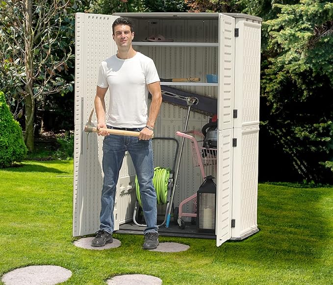 KINYING Outdoor Storage Shed Waterproof, Resin Vertical Storage Cabinet Double-Layered, Versatile to Store Patio Furniture, Garden Tools, Pool Accessories,Mower (66 Cu.ft,White)