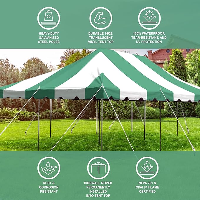 Party Tents Direct 20'x 30' Weekender Canopy Pole Tent with Sidewalls - Easy Up Canopy Tent with 120 Person Capacity - Outdoor Canopies for Parties, Weddings, and Events (Green/White)