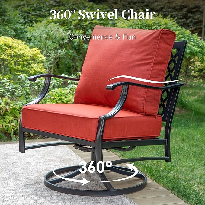 7 Piece Metal Outdoor Patio Furniture Set, Patio Conversation Sets 1 3-Seater Sofa, 2 Fixed Chairs, 2 Swivel Chairs, 2 Ottomans with 5.75" Thick Cushion, Black Backyard Furniture, Red