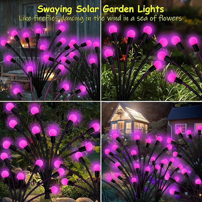 Kohlrabi Solar Garden Lights Outdoor, 10 Pack 80 LED Pink Firefly Lights Waterproof, Sway by Wind, Solar Wind Swaying Light for Yard Patio Backyard Garden Planter Flower Bed Pathway Decoration