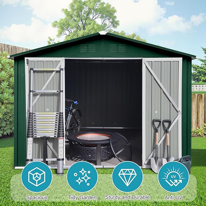 8x10 FT Outdoor Storage Shed, Metal Tool Shed with Lockable Doors, Peaked Roof & Frame Floor, Garden Shed with Vented Design for Backyard Garden Patio Lawn, Green+White