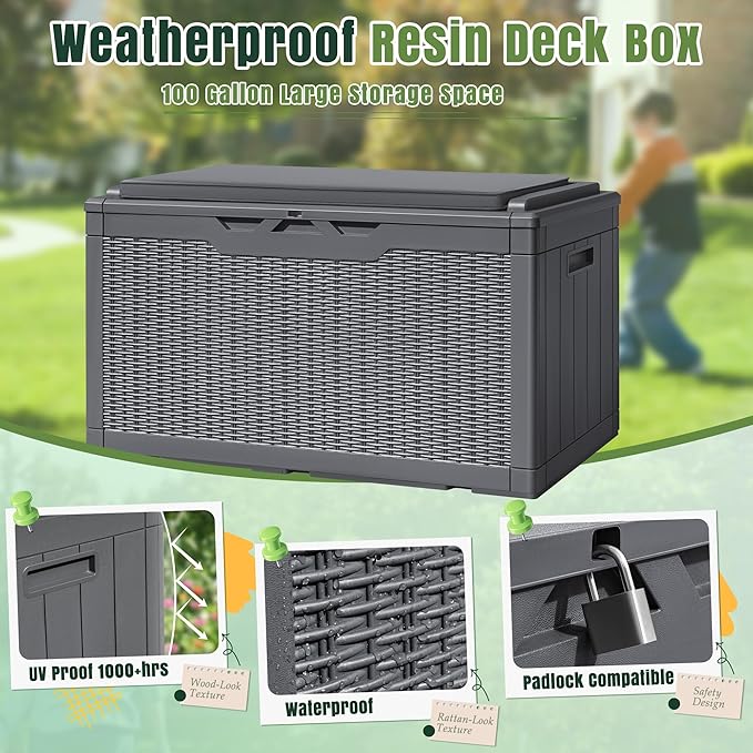 Greesum 100 Gallon Resin Deck Box Large Outdoor Storage with Cushions for Patio Furniture, Garden Tools, Pool Supplies, Weatherproof and UV Resistant, Lockable, Gray