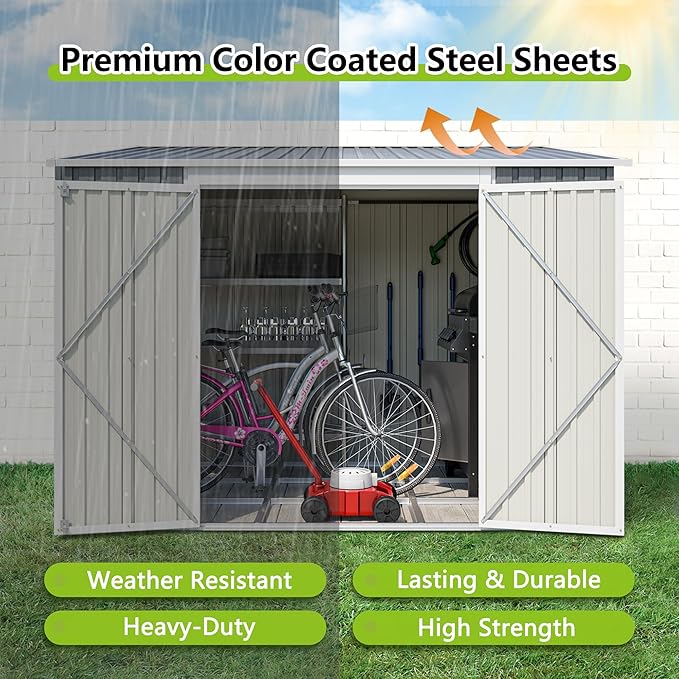 8x6 FT Outdoor Storage Shed with Reversible Door Installation, Heavy Duty Outdoor Shed w/Reinforced Floor Fram and Lockable Door, Garden Tool Storage Cabinet for Backyard Patio Lawn, Gray