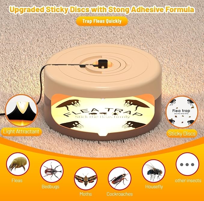 2 Pack Flea Traps for Inside Your Home, Indoor Flea Light, Bed Bug Killer with 8 Sticky Pads & 4 Light Bulb, Odorless Natural Insect Infestation Treatment Trap for Kid Pet