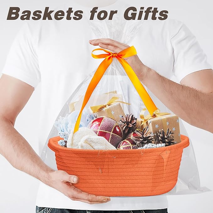 Pro Goleem Small Woven Basket with Gift Bags and Ribbons Durable Baskets for Gifts Empty Small Rope Basket for Storage 12"X 8" X 5" Baby Toy Basket with Handles, Orange