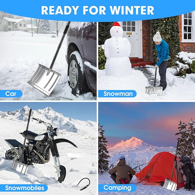 Snow Shovel for Driveway, 53/66 inches Aluminum Snow Removal Shovel Heavy Duty Metal Snow Shovels for Car Trunk Home Garage Garden