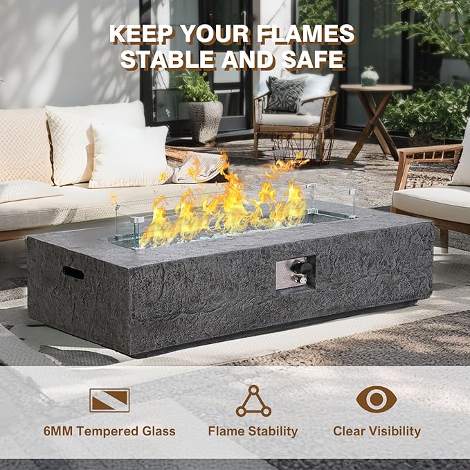 2-Piece Outdoor Propane Fire Pit Table Set – Premium Slate-Like MgO Finish, 48-Inch Gas Fire Table with Glass Wind Guard for Patio, Garden & Backyard, Includes Rain Cover & Glass Beads