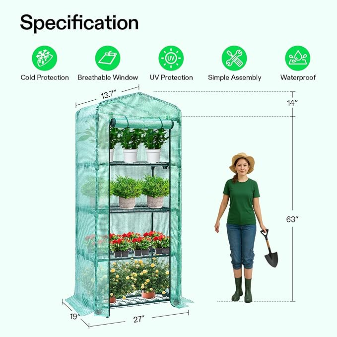 VIVOSUN Mini 4-Tier Greenhouse with Wheels, 27 x 19 x 63-Inch Reusable Portable Warm House with Green PE Cover and Shelf for Compact Garden and Small Backyards, with Wheels
