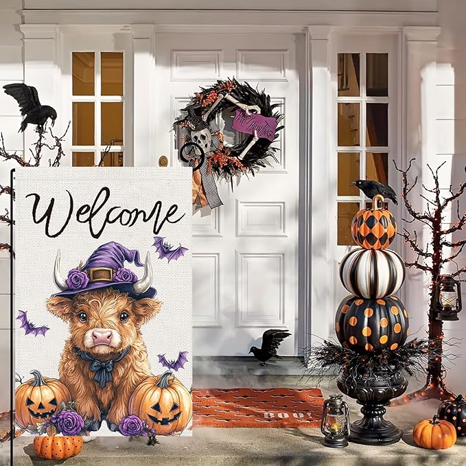 Halloween Highland Cow Garden Flags 12x18 Vertical Double Sided, Welcome Halloween Yard Flag for Outside, Holiday Seasonal Outdoor Decorations for Home