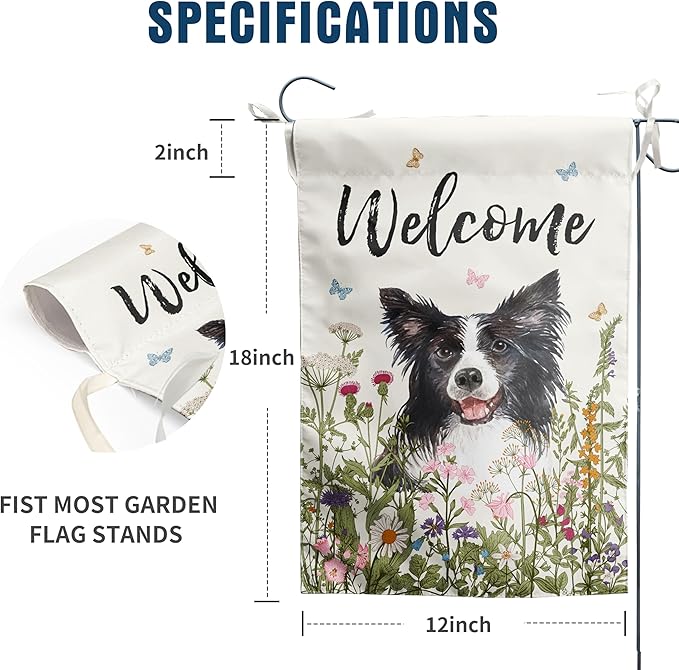 Floral Border Collie Garden Flag Spring Summer Yard Flag Flower Dog Garden Flags for Outside Small Outdoor Welcome Flags 12x18 Double Sided