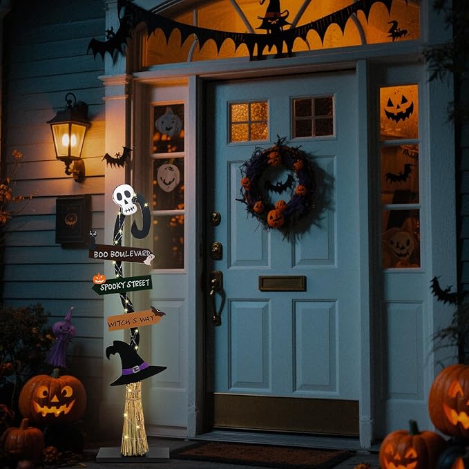 Halloween Decorations |Lighted Witch's Broom Halloween Wooden Porch Sign | Spooky Light Up Witch Decorations Sign for Indoor Outdoor Yard Decor