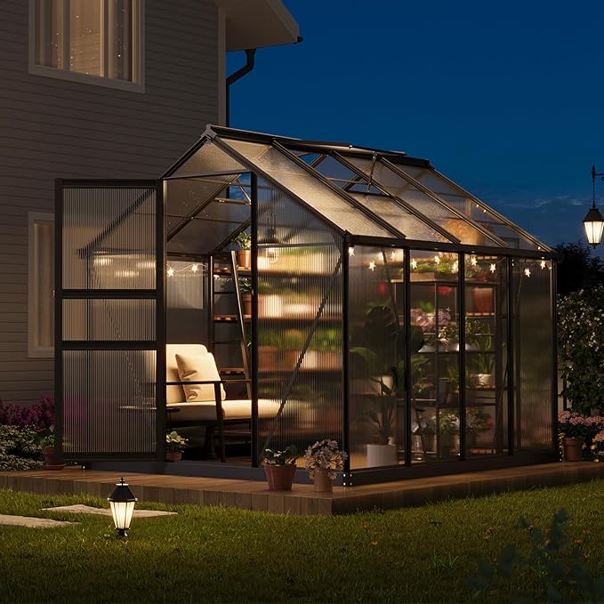 6x8FT Polycarbonate Greenhouse - Walk-in Outdoor Aluminum Frame Greenhouse with Roof Vent, Lockable Push Door for Garden, Backyard, Patio & Lawn(Black)
