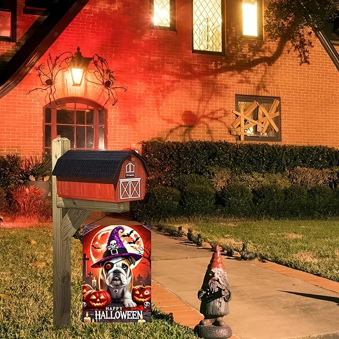 Hello Halloween Garden Flag One-eyed French Bulldog Dog Pumpkins Double Sided Vertical Seasonal Autumn Outdoor Yard Lawn Decorations Banner 12 x 18 Inch English Bulldog Witchy Halloween Flag