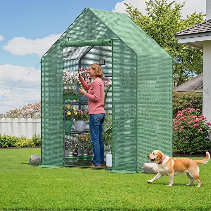 Portable Greenhouse for Outdoor, Small Greenhouses with Durable PE Cover, Walk in Greenhouse with Shelves Stands,Green