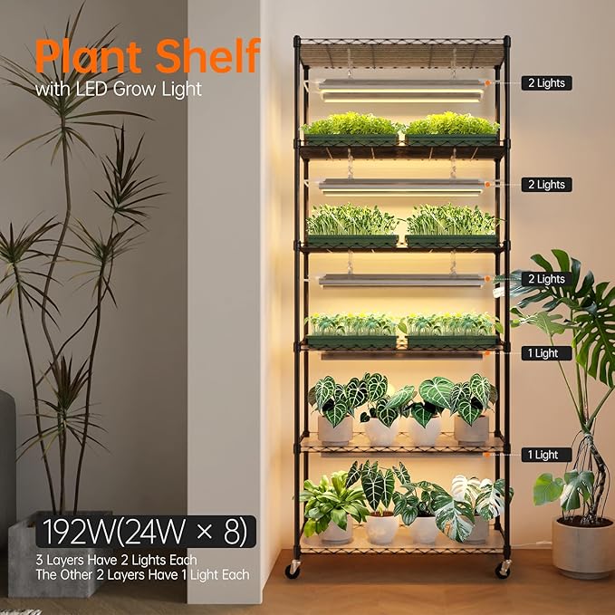 DIY Plant Shelf with Grow Lights, Grow Light Shelf with Adjustable Rack and Wheels, Plant Stand, 8-Pack 192W T8 3000K Full Spectrum Grow Lights for Seed Starting,Seed Tray(29.5L x 13.8W x70.9H)
