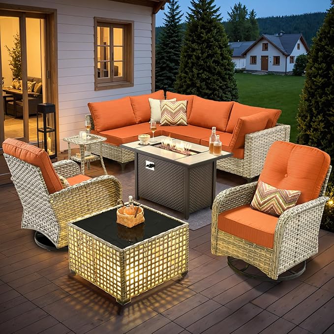 HOOOWOOO Outdoor Patio Furniture Set with Fire Pit Table,9 Pieces Wicker Out Door Sectional Furniture L Shaped Couch,Outside Patio Conversation Sets Swivel Chair,Brick Red