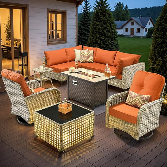 HOOOWOOO Outdoor Patio Furniture Set with Fire Pit Table,9 Pieces Wicker Out Door Sectional Furniture L Shaped Couch,Outside Patio Conversation Sets Swivel Chair,Brick Red