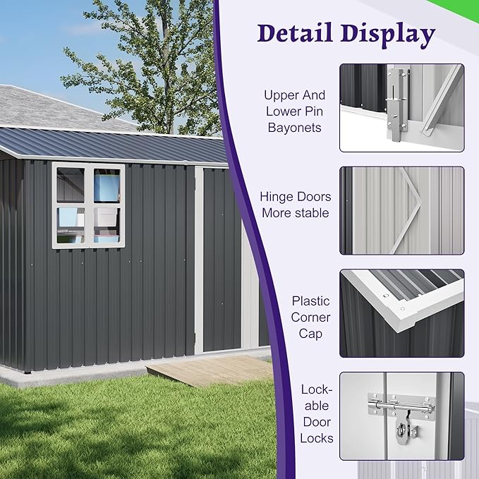 10X8 FT Outdoor Storage Shed,Metal Shed W/Window,Floor Frame & Lockable Swing Door,Garden Tool House W/ 4 Air Vents & Sloped Roof,for Backyard Patio Lawn,Gray