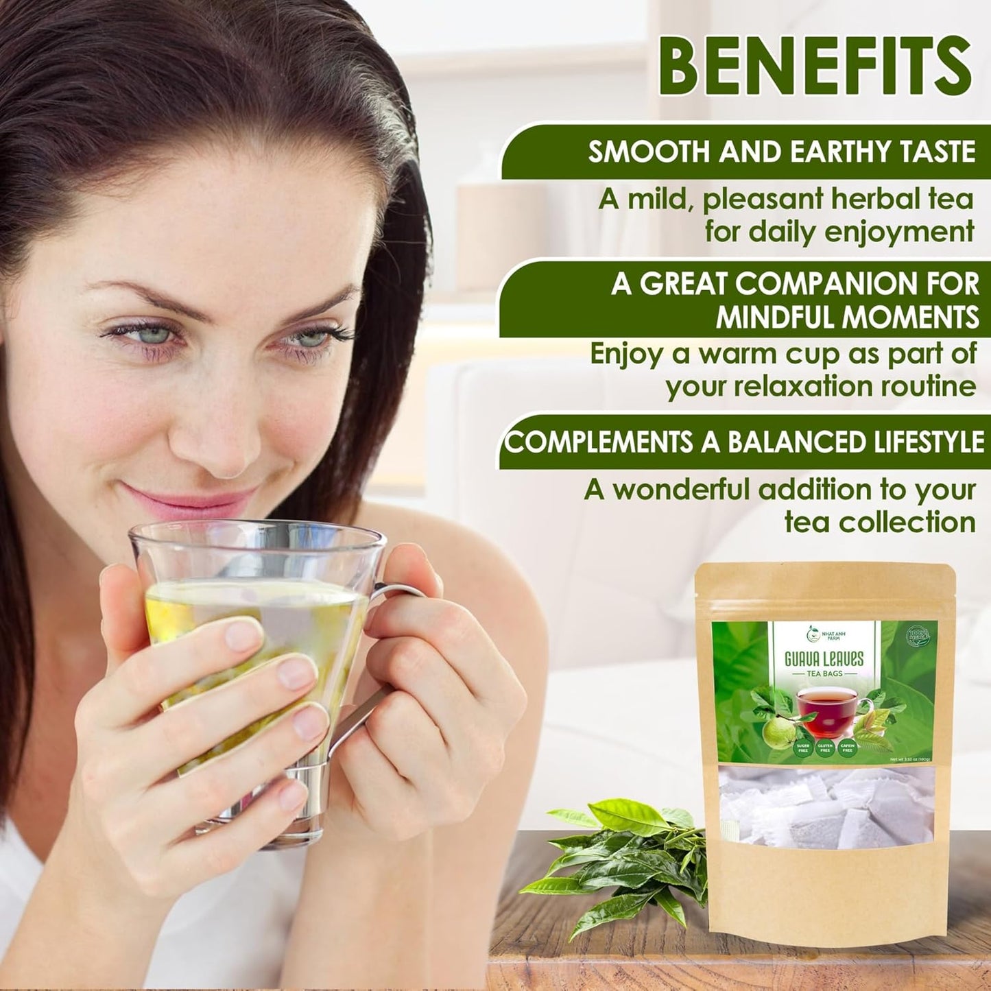 Nhat Anh Farm - Guava Leaf Tea Bags, 100 Teabags - Guava Dried Leaf Tea Bags 100% Natural And Pure , No Chemicals - Additives- Caffeine Free. Herbal Tea for Digestion, Good For Your Health. (Té De Hojas De Guayaba)