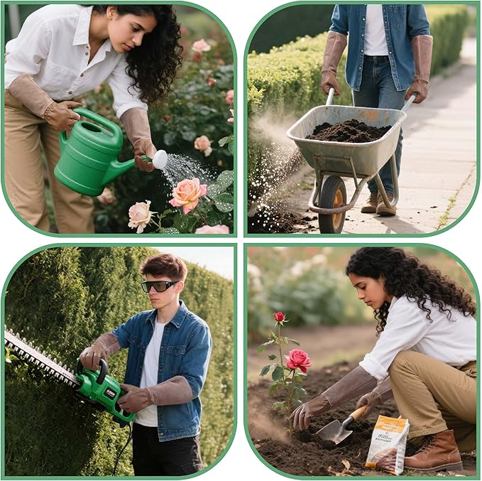 Leather Gardening Gloves – Goatskin Palm & Cowhide Cuff, Thorn-Resistant Long Garden Work Gloves for Men & Women(L)