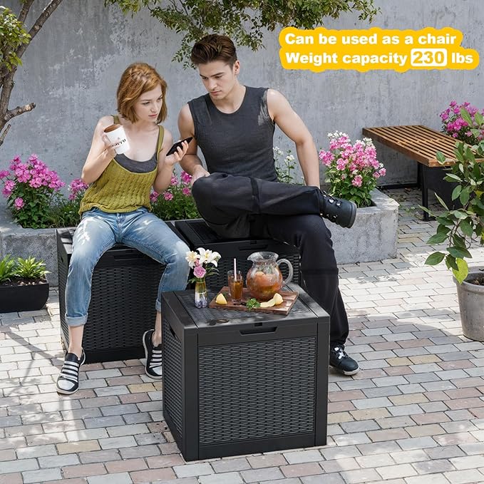 31 Gallon Wicker Pattern Resin Deck Box, Lockable Patio Outdoor Storage Box for Furniture, Garden Tools and Tools Storage, Waterproof Outside Storage Box - Black