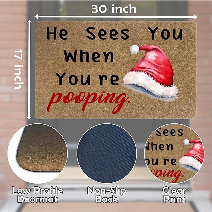 Funny Christmas Bathroom Faux Coir Door Mat, Christmas Bath Mat for Bathroom Entryway, He Sees You When You're Pooping Welcome Doormat for Washroom Restroom Toilet Porch Entrance, 17x30 Inch