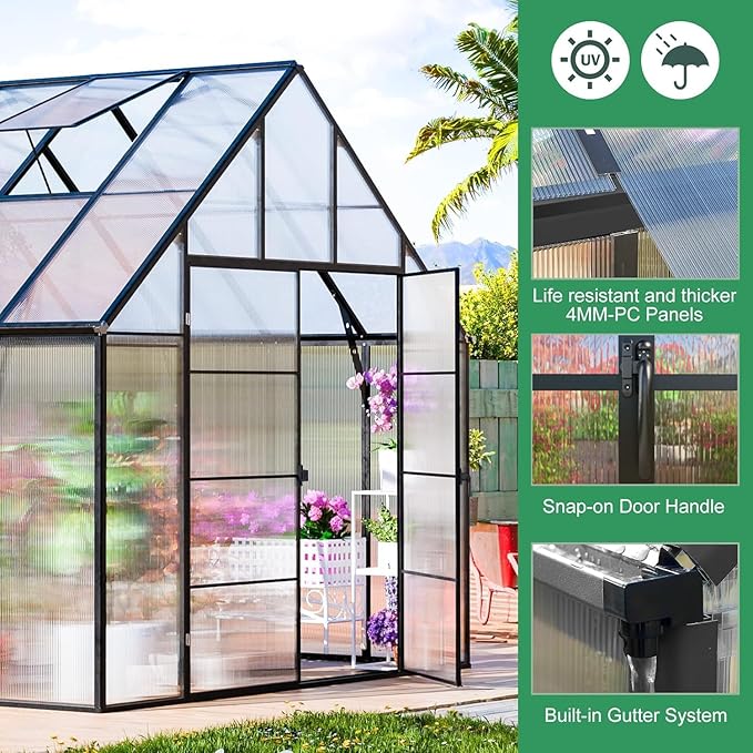 Greenhouse, 10x16 FT Easy Assembly Hybrid Polycarbonate Greenhouses for Outdoors w/3 Vent Windows & Swing Door Walk-in Green Houses Aluminum GreenHouses for Garden, Black